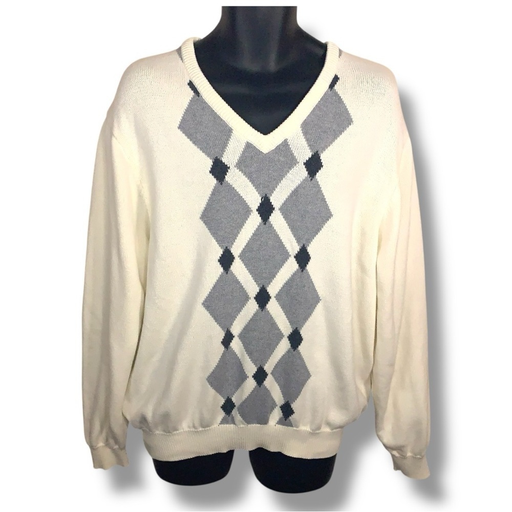 Vintage XL Lyle And Scott Argyle Sweater Ivory Grey Academia Cotton Vneck Knit